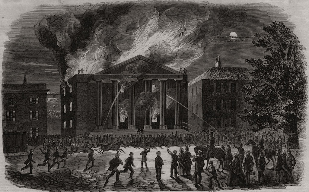 Burning of the Jersey Theatre. Channel Islands 1863 old antique print picture